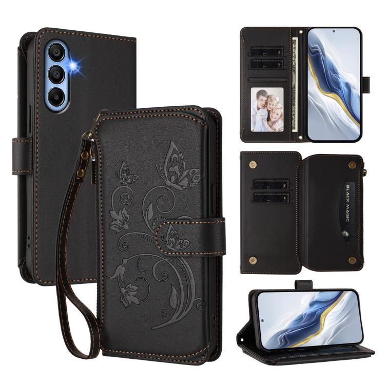 Portafoglio multi-carta con cerniera e motivo farfalla per Samsung Galaxy A05s