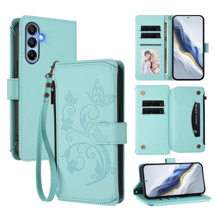 Portafoglio multi-carta con cerniera e motivo farfalla per Samsung Galaxy A05s