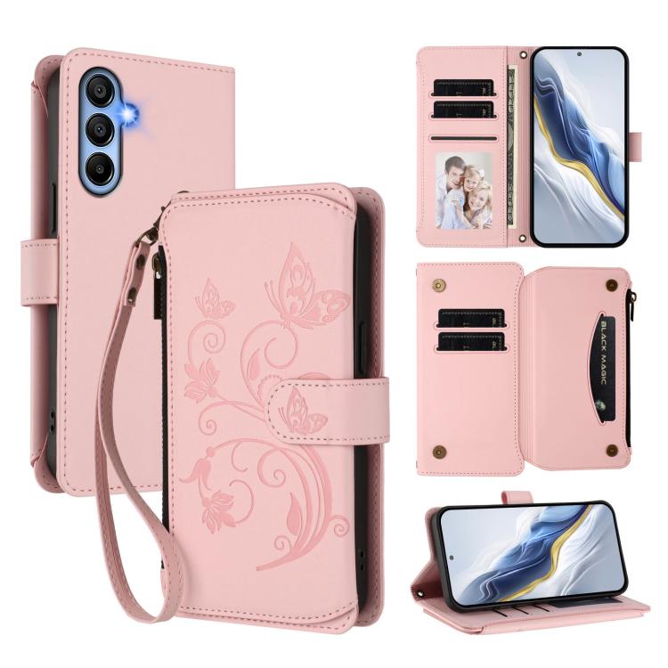 Portafoglio multi-carta con cerniera e motivo farfalla per Samsung Galaxy A05s