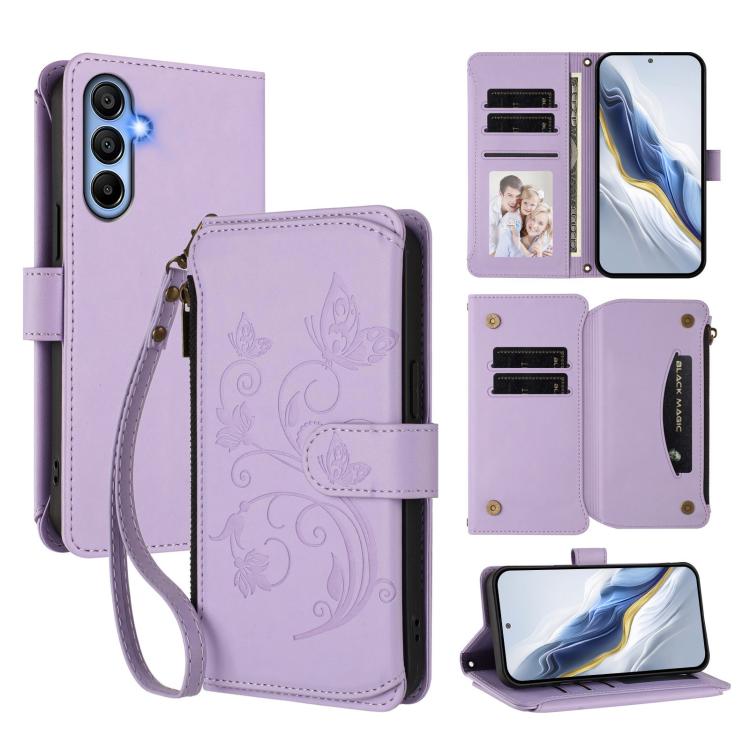 Portafoglio multi-carta con cerniera e motivo farfalla per Samsung Galaxy A05s