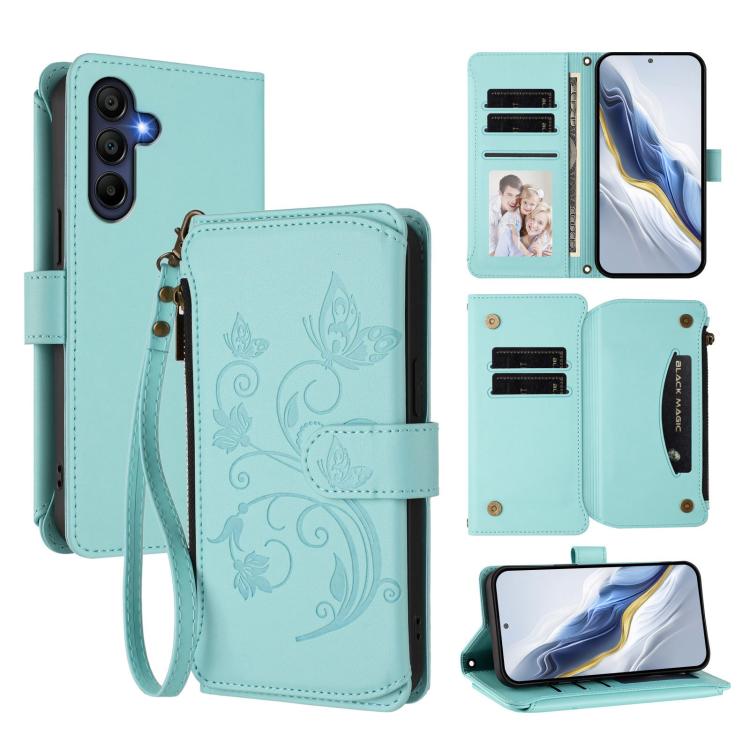 Portafoglio multi-carta con cerniera e motivo farfalla per Samsung Galaxy A25e