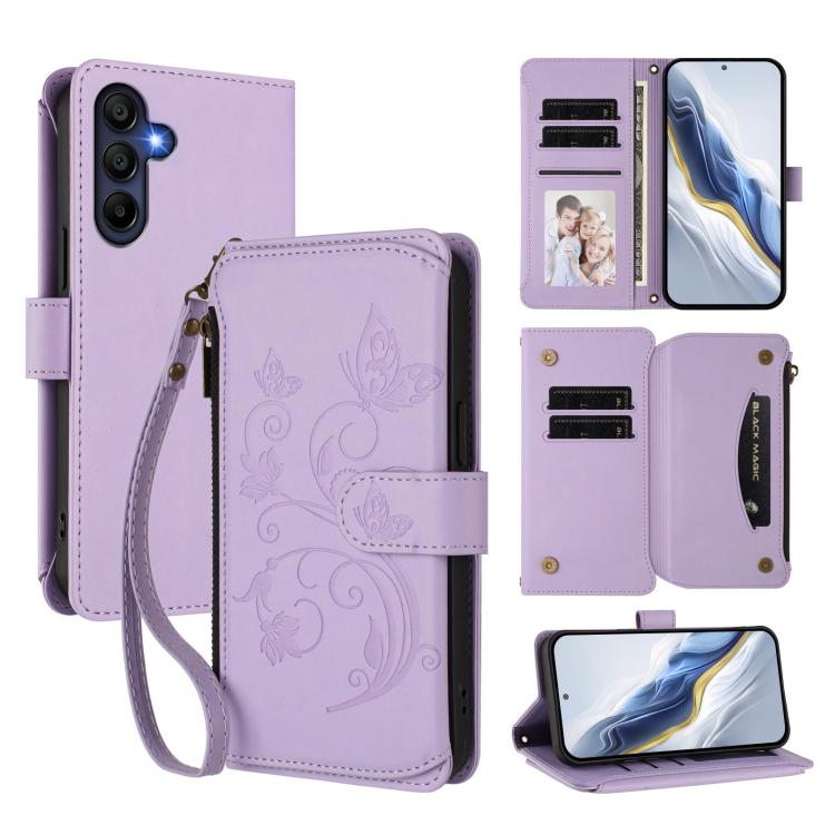 Portafoglio multi-carta con cerniera e motivo farfalla per Samsung Galaxy A25e