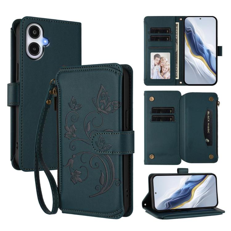 Portafoglio multi-carta con cerniera e motivo farfalla per Samsung Galaxy A25e
