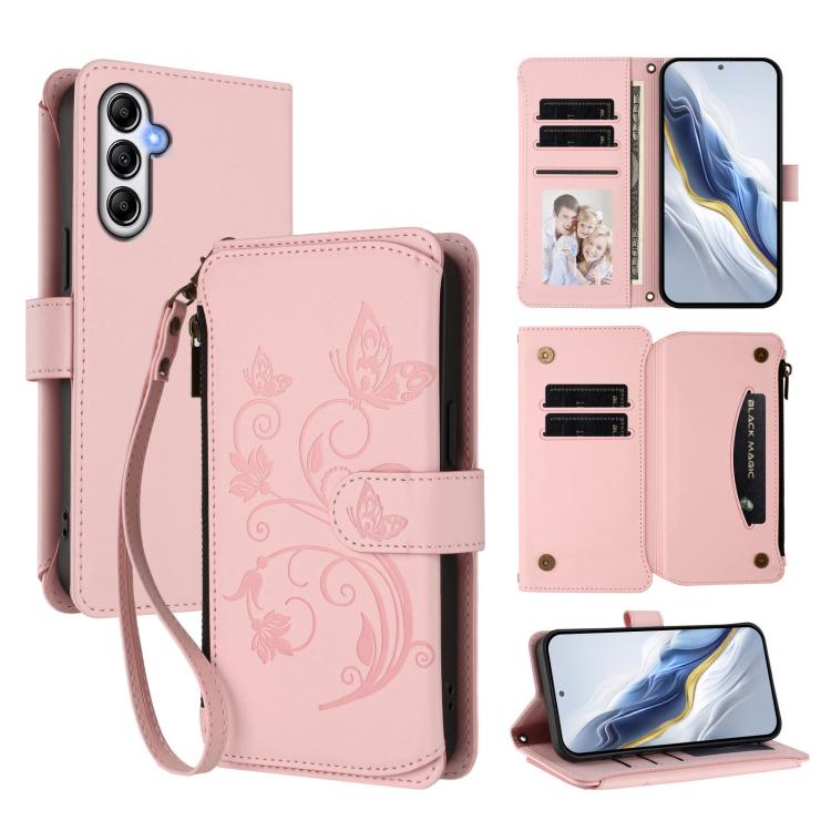 Portafoglio multi-carta con cerniera e motivo farfalla per Samsung Galaxy A05s