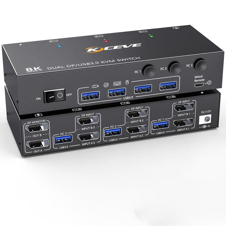 KVM Switch USB 3.0 Dual Monitor 8K 30Hz per 3 PC