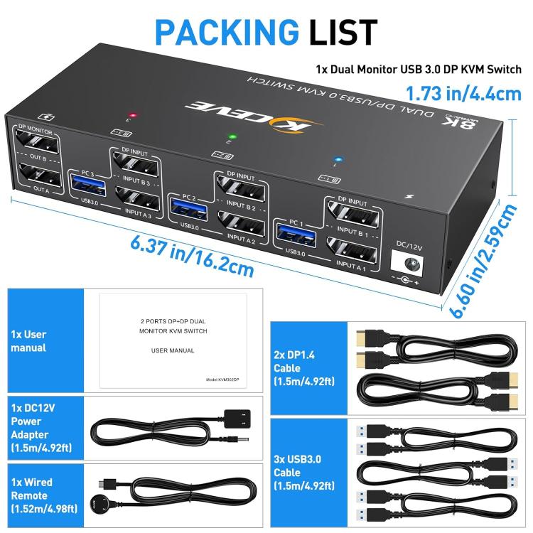 KVM Switch USB 3.0 Dual Monitor 8K 30Hz per 3 PC