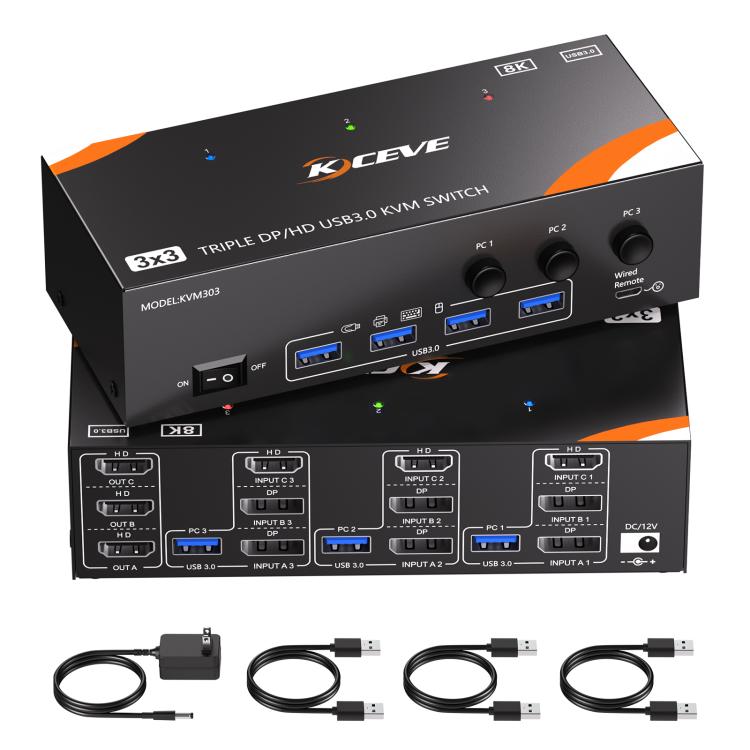 KVM Switch USB 3.0 Dual Monitor 8K 60Hz con 3 ingressi PC