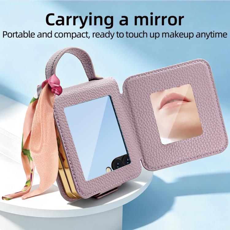 Specchietto trucco con motivo litchi e custodia in PU per Galaxy Z Flip8 5G e