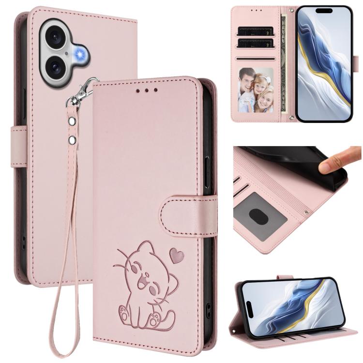 Custodia per telefono in pelle con ciondolo a forma di gatto e cuore in rilievo, completa di cinturino da polso., For iPhone 17 Pro, For iPhone 17