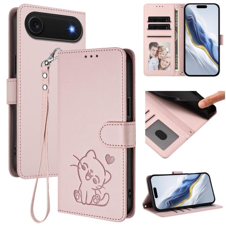 Custodia per telefono in pelle con ciondolo a forma di gatto e cuore in rilievo, completa di cinturino da polso., For iPhone Air, For iPhone 16 Pro Max