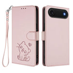 Custodia per telefono in pelle con ciondolo a forma di gatto e cuore in rilievo, completa di cinturino da polso., For iPhone Air, For iPhone 16 Pro Max