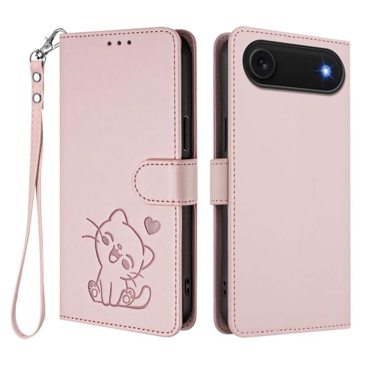 Custodia per telefono in pelle con ciondolo a forma di gatto e cuore in rilievo, completa di cinturino da polso., For iPhone Air, For iPhone 16 Pro Max