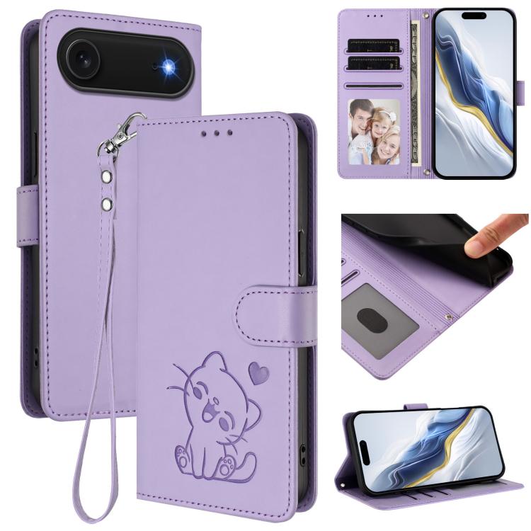 Custodia per telefono in pelle con ciondolo a forma di gatto e cuore in rilievo, completa di cinturino da polso., For iPhone Air, For iPhone 16 Pro Max