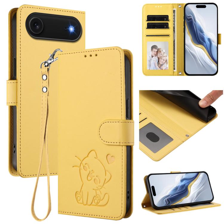 Custodia per telefono in pelle con ciondolo a forma di gatto e cuore in rilievo, completa di cinturino da polso., For iPhone Air, For iPhone 16 Pro Max