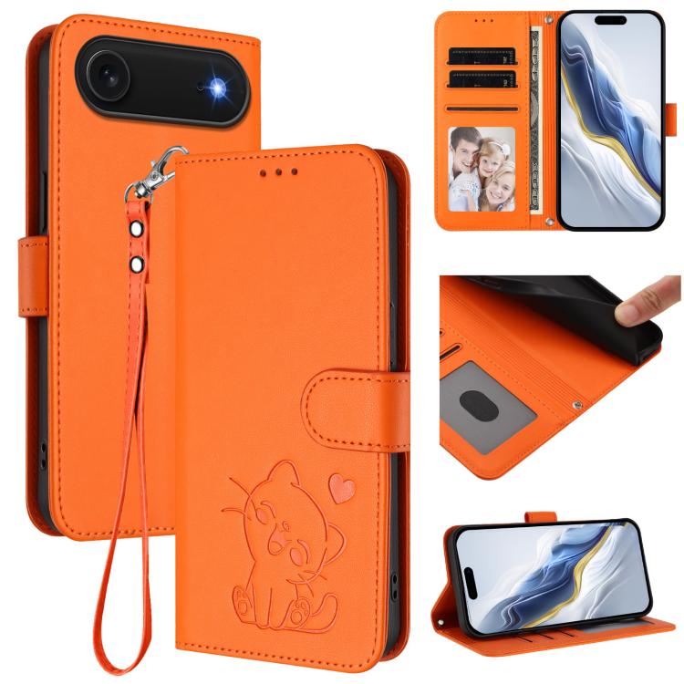 Custodia per telefono in pelle con ciondolo a forma di gatto e cuore in rilievo, completa di cinturino da polso., For iPhone Air, For iPhone 16 Pro Max