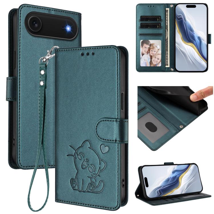 Custodia per telefono in pelle con ciondolo a forma di gatto e cuore in rilievo, completa di cinturino da polso., For iPhone Air, For iPhone 16 Pro Max