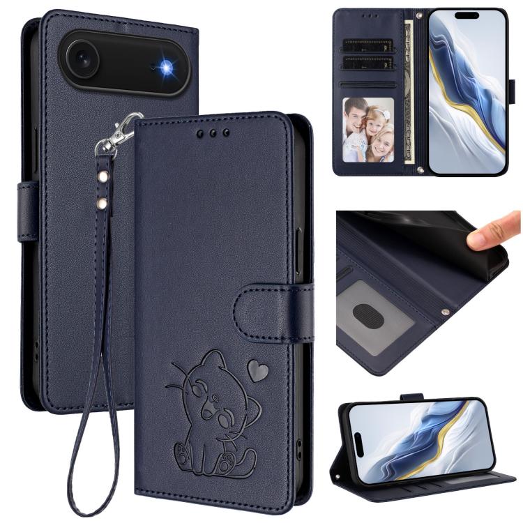 Custodia per telefono in pelle con ciondolo a forma di gatto e cuore in rilievo, completa di cinturino da polso., For iPhone Air, For iPhone 16 Pro Max
