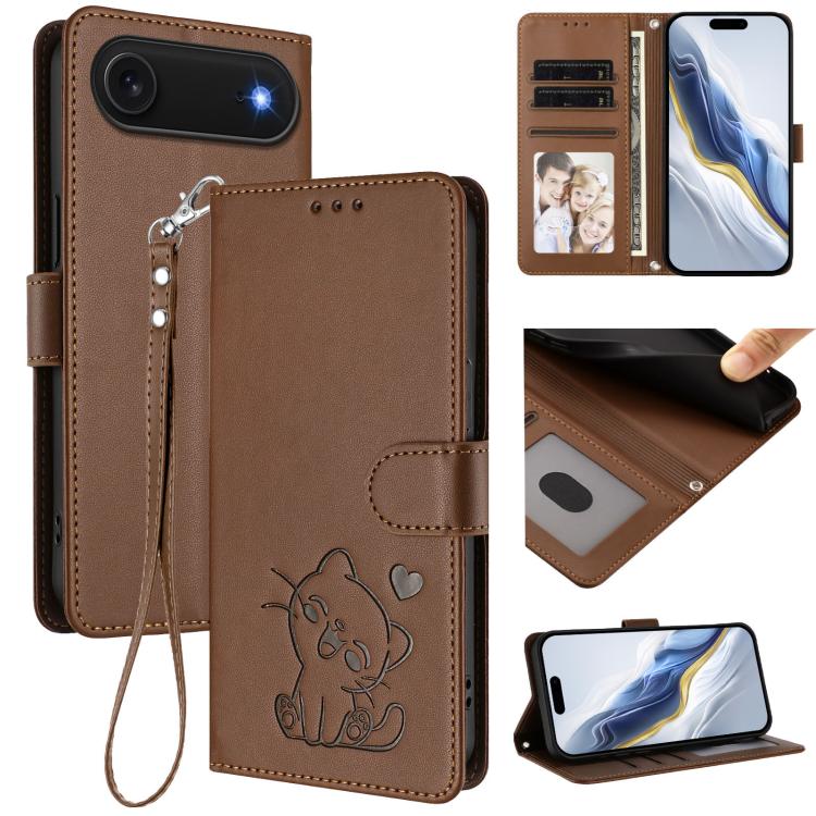 Custodia per telefono in pelle con ciondolo a forma di gatto e cuore in rilievo, completa di cinturino da polso., For iPhone Air, For iPhone 16 Pro Max