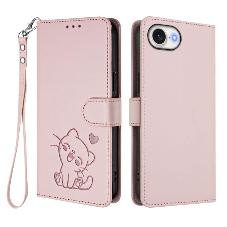 Custodia per telefono in pelle con ciondolo a forma di gatto e cuore in rilievo, completa di cinturino da polso., For iPhone 17 Pro, For iPhone 17