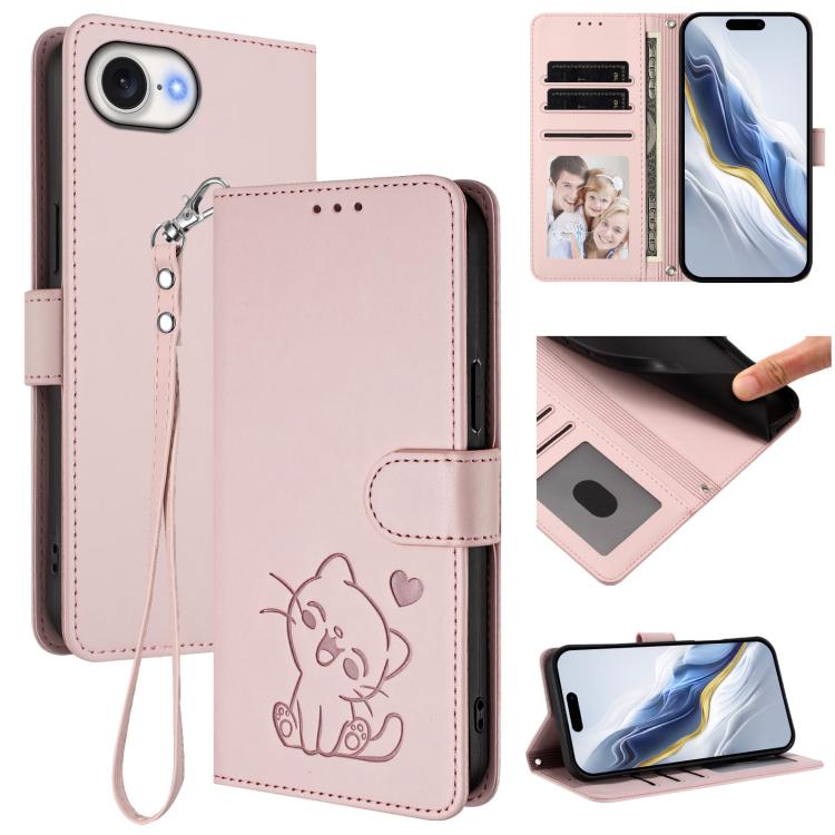 Custodia per telefono in pelle con ciondolo a forma di gatto e cuore in rilievo, completa di cinturino da polso., For iPhone 17 Pro, For iPhone 17