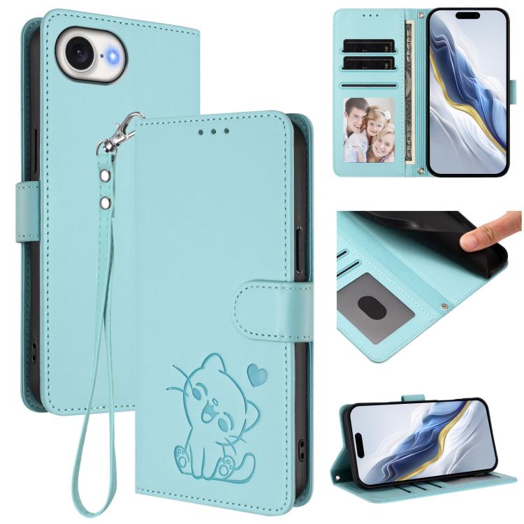 Custodia per telefono in pelle con ciondolo a forma di gatto e cuore in rilievo, completa di cinturino da polso., For iPhone 17 Pro, For iPhone 17