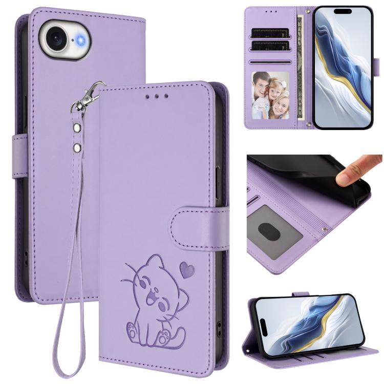 Custodia per telefono in pelle con ciondolo a forma di gatto e cuore in rilievo, completa di cinturino da polso., For iPhone 17 Pro, For iPhone 17