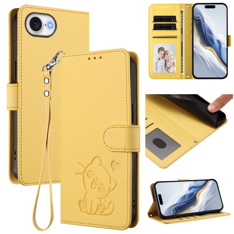 Custodia per telefono in pelle con ciondolo a forma di gatto e cuore in rilievo, completa di cinturino da polso., For iPhone 17 Pro, For iPhone 17
