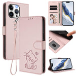 Custodia per telefono in pelle con ciondolo a forma di gatto e cuore in rilievo, completa di cinturino da polso., For iPhone Air, For iPhone 16 Pro Max