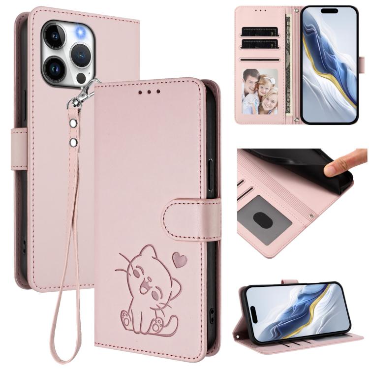 Custodia per telefono in pelle con ciondolo a forma di gatto e cuore in rilievo, completa di cinturino da polso., For iPhone Air, For iPhone 16 Pro Max