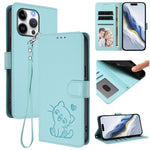 Custodia per telefono in pelle con ciondolo a forma di gatto e cuore in rilievo, completa di cinturino da polso., For iPhone Air, For iPhone 16 Pro Max