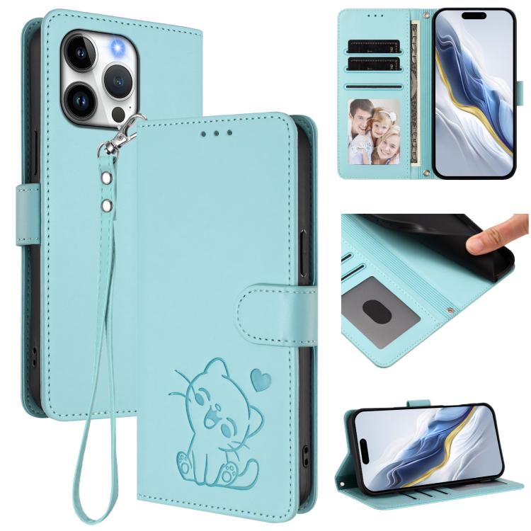 Custodia per telefono in pelle con ciondolo a forma di gatto e cuore in rilievo, completa di cinturino da polso., For iPhone Air, For iPhone 16 Pro Max