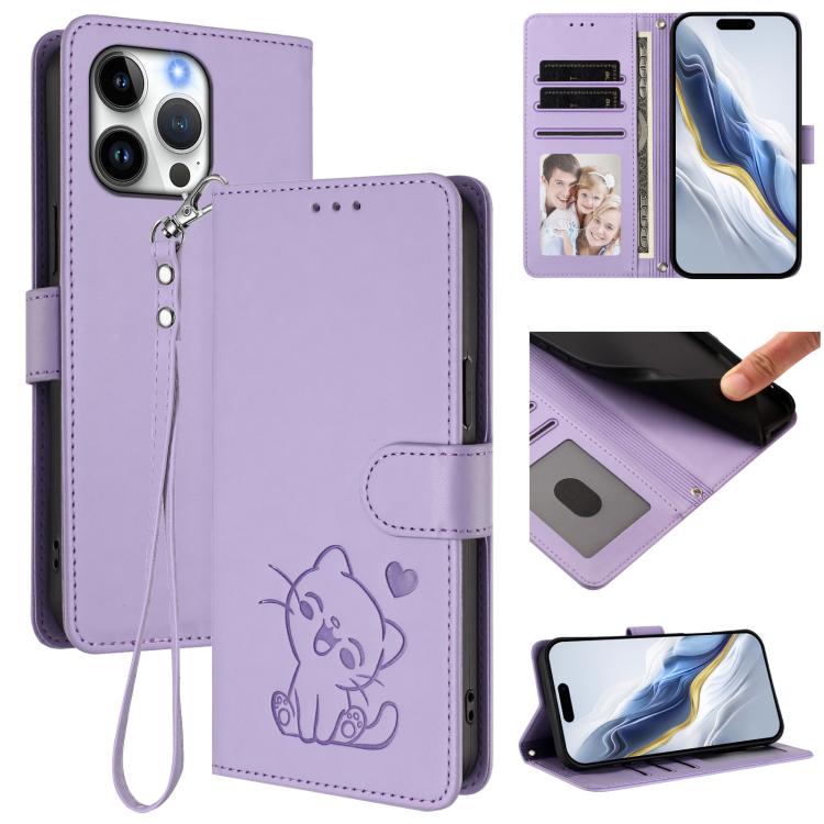 Custodia per telefono in pelle con ciondolo a forma di gatto e cuore in rilievo, completa di cinturino da polso., For iPhone Air, For iPhone 16 Pro Max