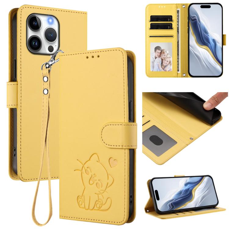 Custodia per telefono in pelle con ciondolo a forma di gatto e cuore in rilievo, completa di cinturino da polso., For iPhone Air, For iPhone 16 Pro Max