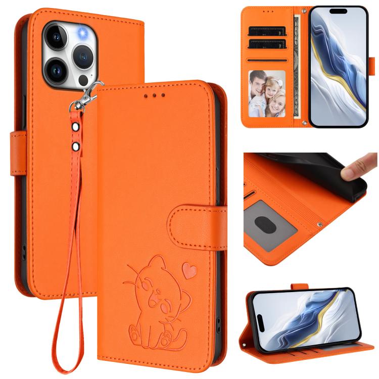 Custodia per telefono in pelle con ciondolo a forma di gatto e cuore in rilievo, completa di cinturino da polso., For iPhone Air, For iPhone 16 Pro Max