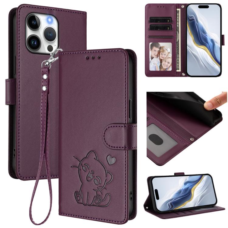 Custodia per telefono in pelle con ciondolo a forma di gatto e cuore in rilievo, completa di cinturino da polso., For iPhone Air, For iPhone 16 Pro Max