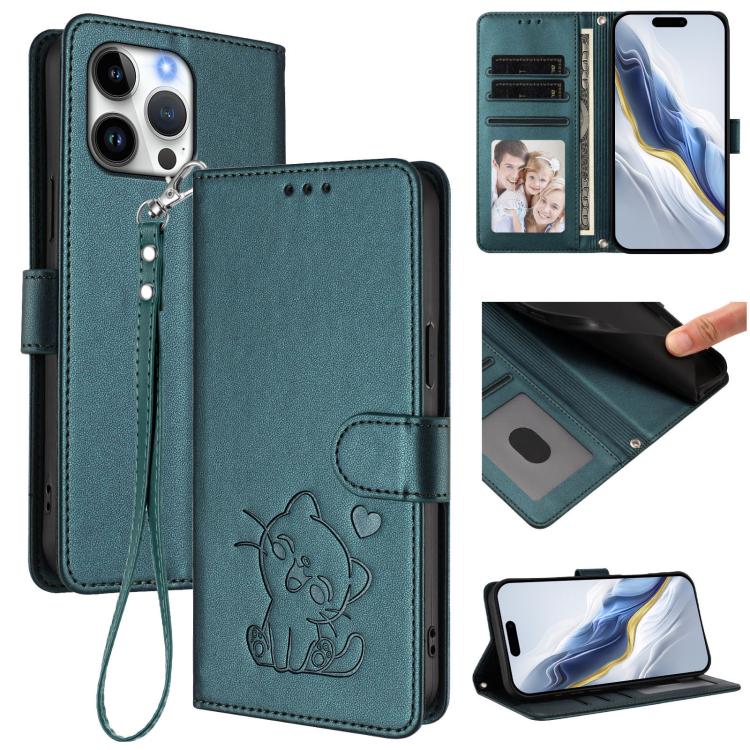 Custodia per telefono in pelle con ciondolo a forma di gatto e cuore in rilievo, completa di cinturino da polso., For iPhone Air, For iPhone 16 Pro Max