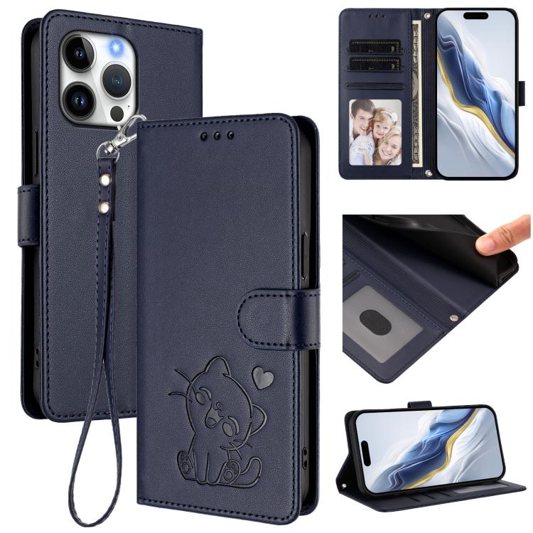 Custodia per telefono in pelle con ciondolo a forma di gatto e cuore in rilievo, completa di cinturino da polso., For iPhone Air, For iPhone 16 Pro Max