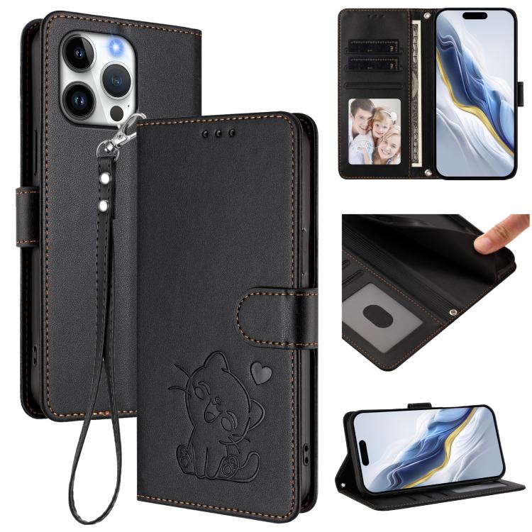 Custodia per telefono in pelle con ciondolo a forma di gatto e cuore in rilievo, completa di cinturino da polso., For iPhone Air, For iPhone 16 Pro Max