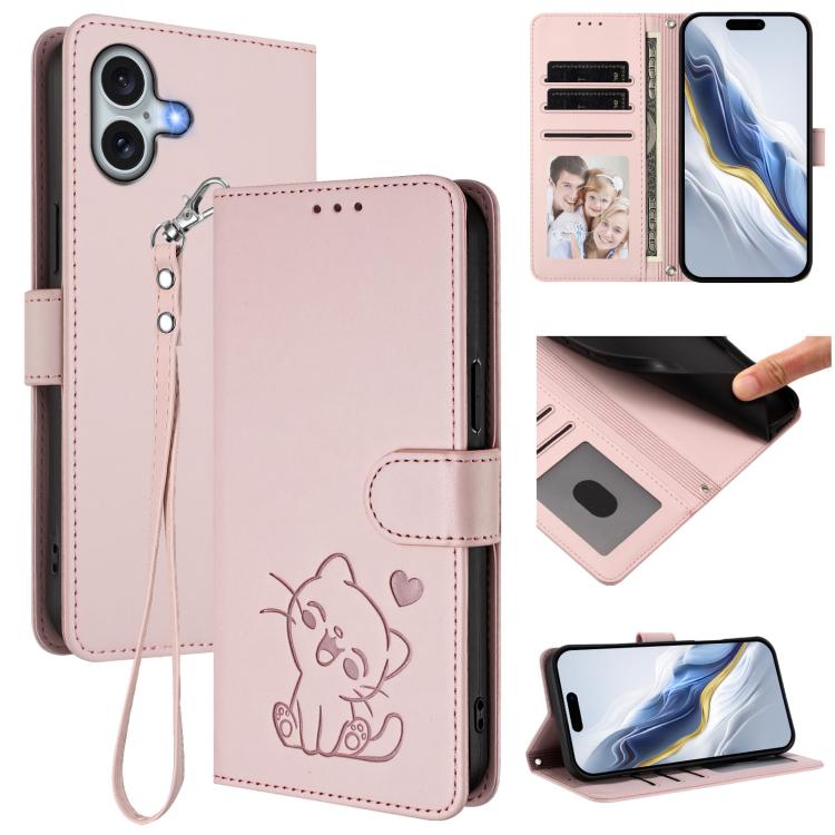 Custodia per telefono in pelle con ciondolo a forma di gatto e cuore in rilievo, completa di cinturino da polso., For iPhone 16, For iPhone 15 Pro Max