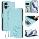 Custodia per telefono in pelle con ciondolo a forma di gatto e cuore in rilievo, completa di cinturino da polso., For iPhone 16, For iPhone 15 Pro Max