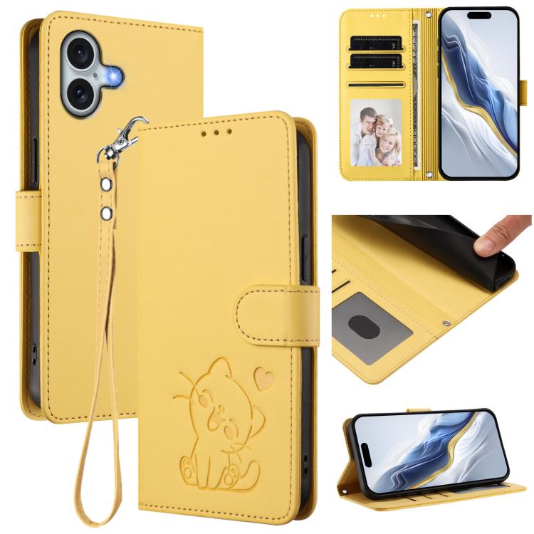 Custodia per telefono in pelle con ciondolo a forma di gatto e cuore in rilievo, completa di cinturino da polso., For iPhone 16, For iPhone 15 Pro Max
