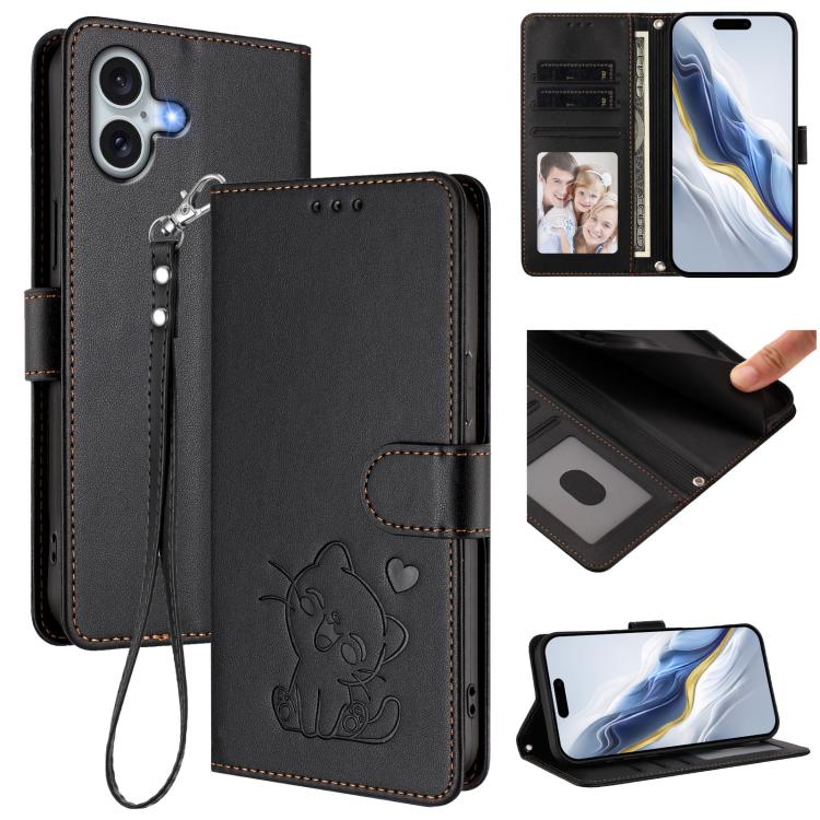 Custodia per telefono in pelle con ciondolo a forma di gatto e cuore in rilievo, completa di cinturino da polso., For iPhone 16, For iPhone 15 Pro Max