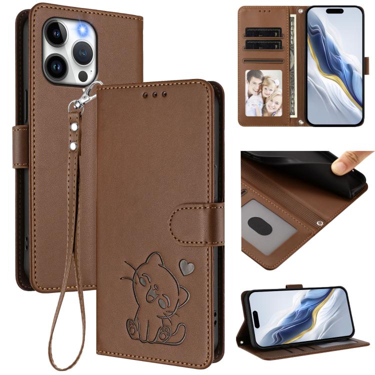 Custodia per telefono in pelle con ciondolo a forma di gatto e cuore in rilievo, completa di cinturino da polso., For iPhone 16, For iPhone 15 Pro Max