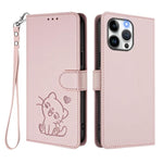 Custodia per telefono in pelle con ciondolo a forma di gatto e cuore in rilievo, completa di cinturino da polso., For iPhone 15 Pro, For iPhone 15 Plus