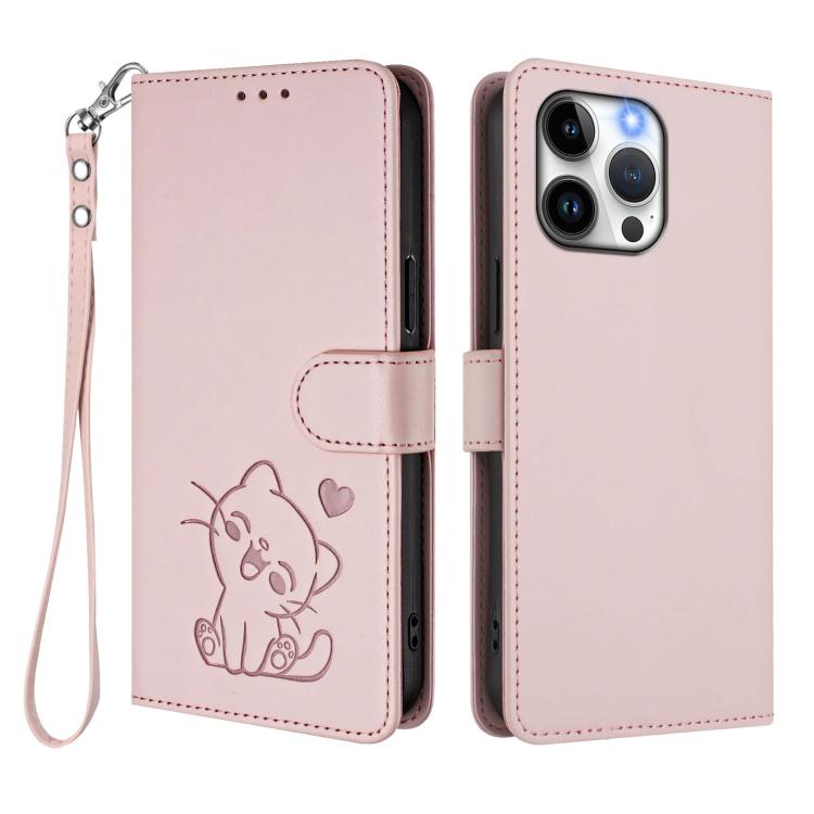 Custodia per telefono in pelle con ciondolo a forma di gatto e cuore in rilievo, completa di cinturino da polso., For iPhone 15 Pro, For iPhone 15 Plus
