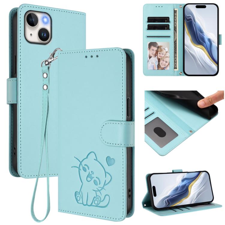 Custodia per telefono in pelle con ciondolo a forma di gatto e cuore in rilievo, completa di cinturino da polso., For iPhone 15 Pro, For iPhone 15 Plus