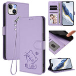 Custodia per telefono in pelle con ciondolo a forma di gatto e cuore in rilievo, completa di cinturino da polso., For iPhone 15 Pro, For iPhone 15 Plus