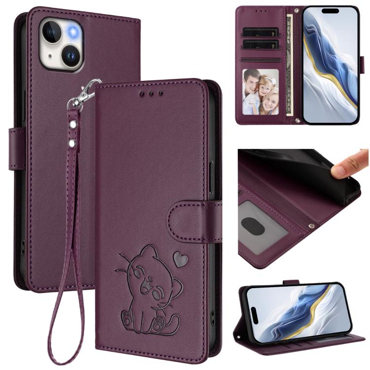 Custodia per telefono in pelle con ciondolo a forma di gatto e cuore in rilievo, completa di cinturino da polso., For iPhone 15 Pro, For iPhone 15 Plus