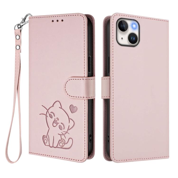Custodia per telefono in pelle con ciondolo a forma di gatto e cuore in rilievo, completa di cinturino da polso., For iPhone 14 / 13, For iPhone 14 Pro