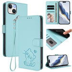 Custodia per telefono in pelle con ciondolo a forma di gatto e cuore in rilievo, completa di cinturino da polso., For iPhone 14 / 13, For iPhone 14 Pro